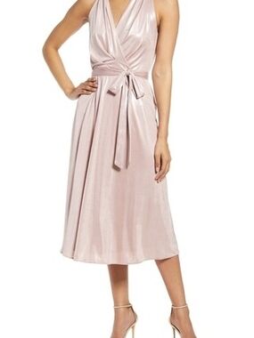 Donna Ricco Halter Neck Metallic Faux Wrap Dress Light Pink Size 12